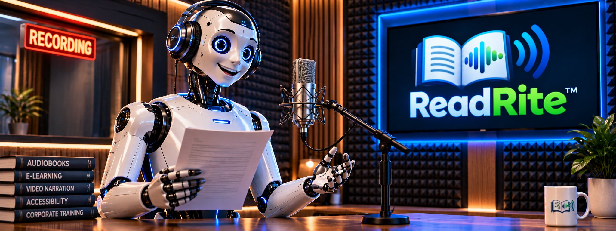A friendly robot narrator in headphones reads a script into a studio microphone beside a glowing ReadRite logo screen.